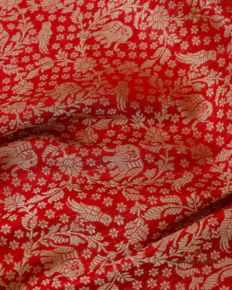 Red Handwoven Pure Kataan Silk Brocade Shikargah Dupatta