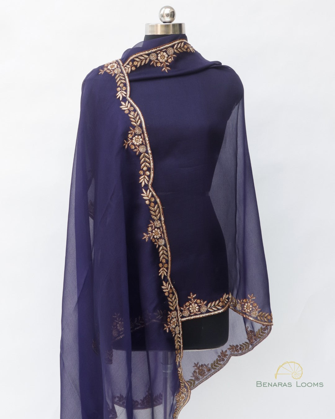 Navy Blue Pure Organza Banarasi Dupatta