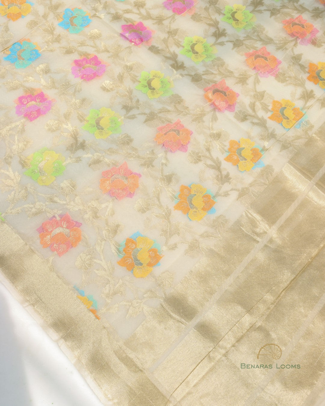 Cream Organza Net Banarasi Handwoven Dupatta