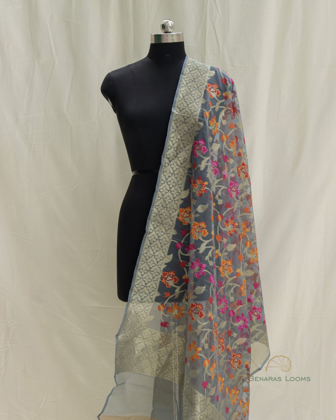 Dark Grey Organza Net Banarasi Handwoven Dupatta