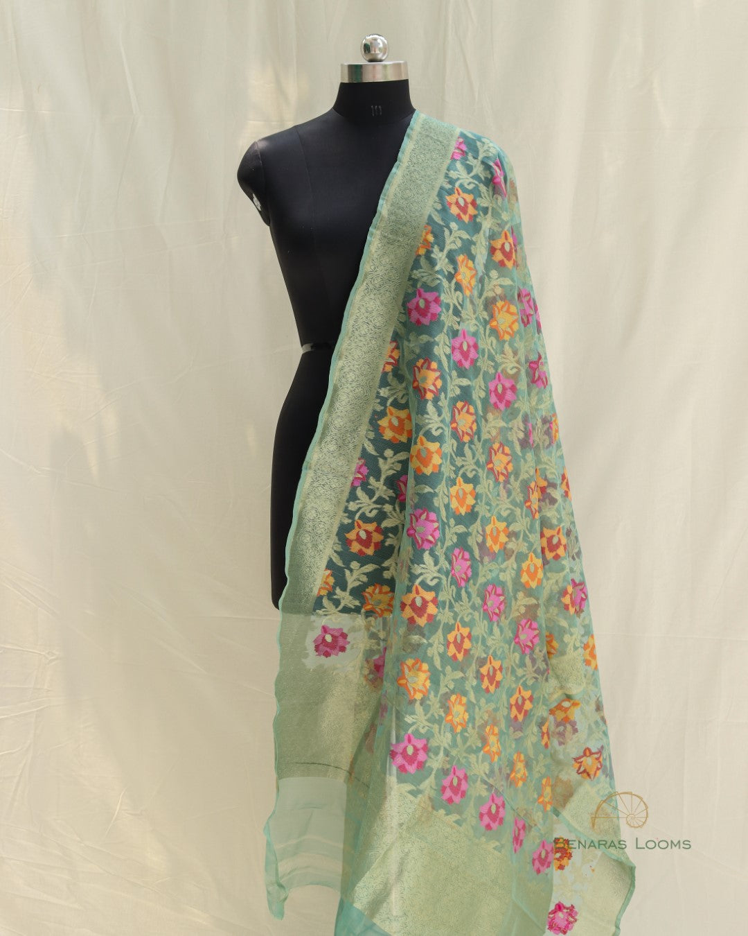 Green Organza Net Banarasi Handwoven Dupatta