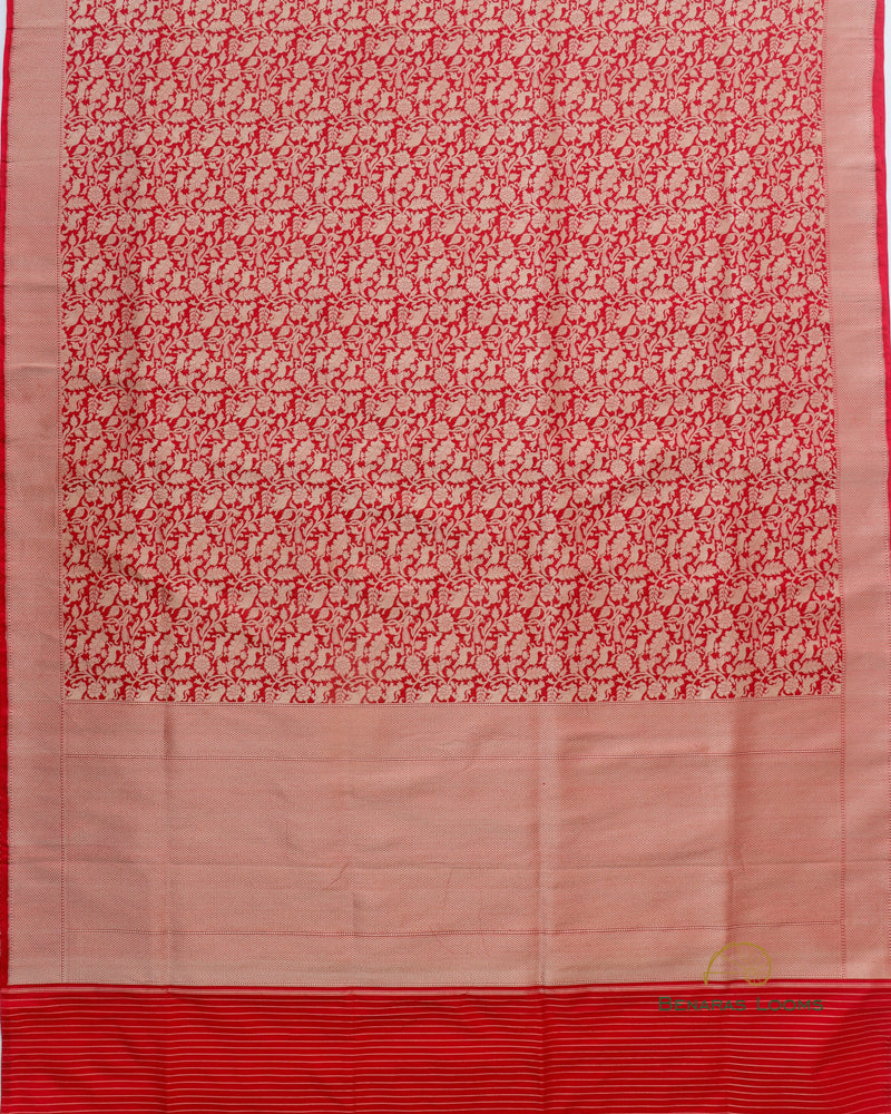 Red Handwoven Pure kataan Silk Shikaargah Brocade Jaal Benarasi Saree.