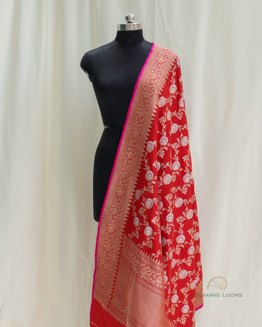 Red Handwoven Kadhua Jangla Alfi Banarasi Dupatta