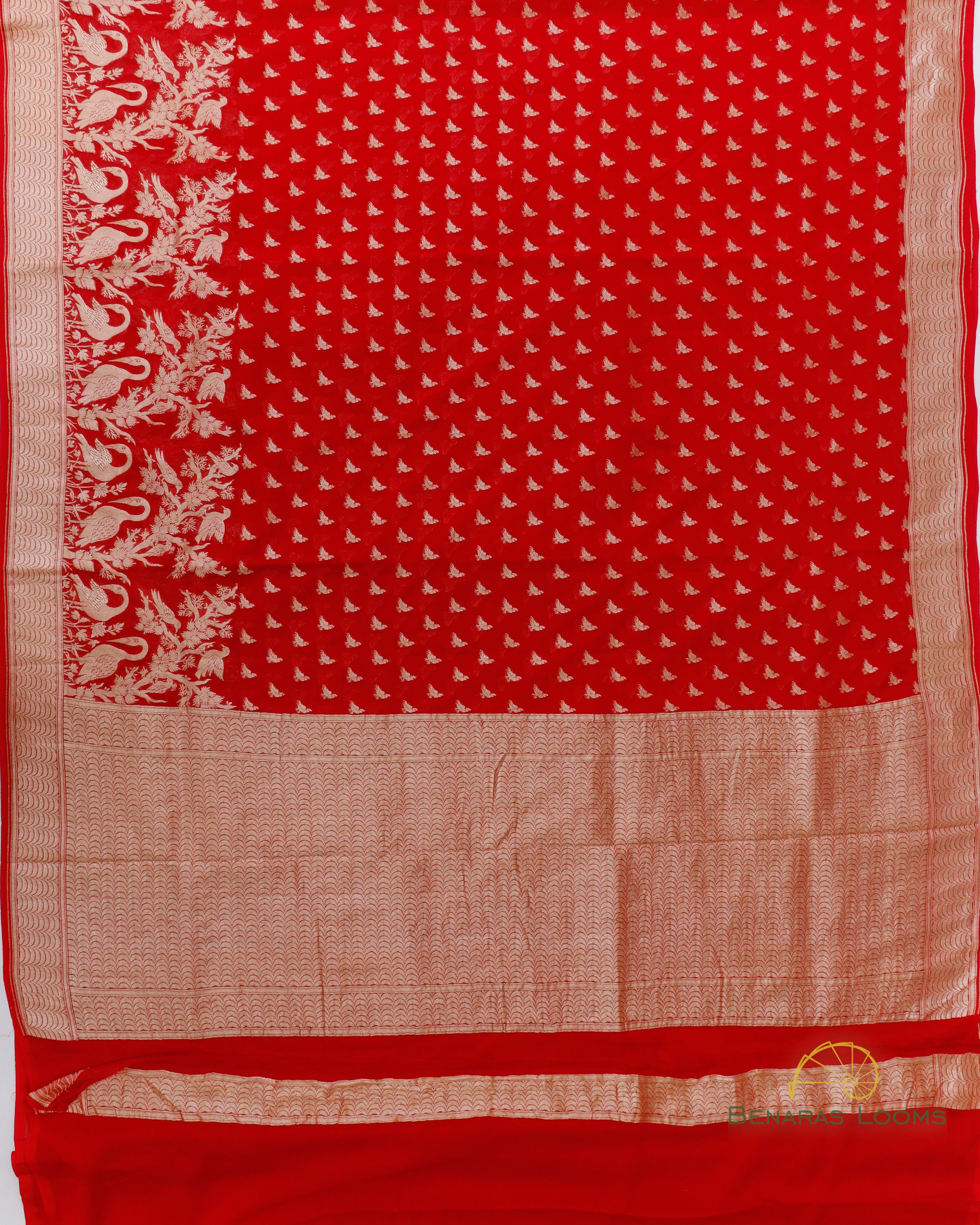 Red Handwoven Pure Georgette Shikargah Banarasi Saree