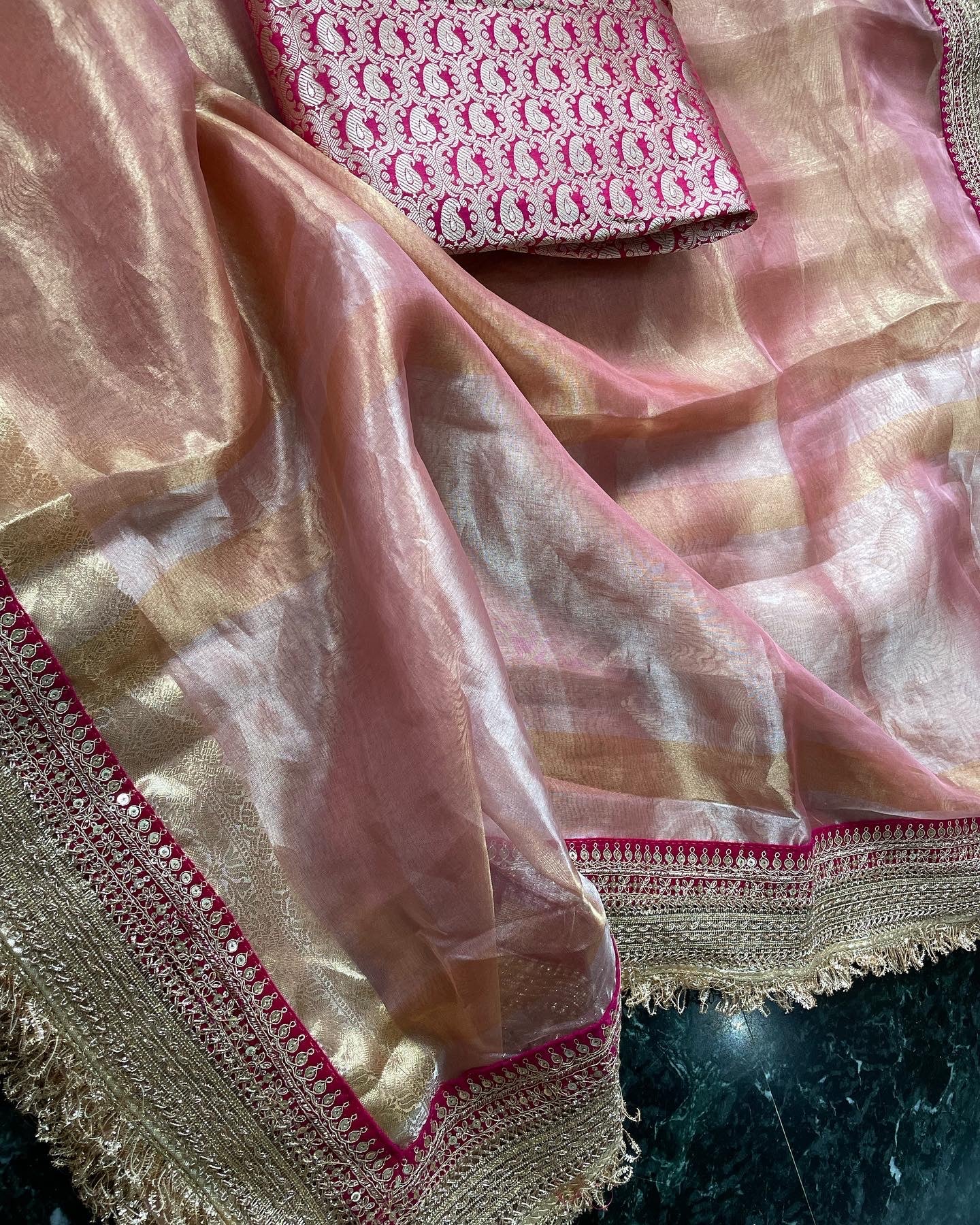 Pink Pure Tissue Silk Banarasi Saree with Embellished Border