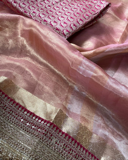 Pink Pure Tissue Silk Banarasi Saree with Embellished Border