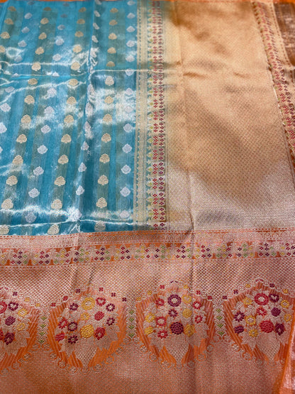 Blue Pure Tissue Kora Saree With Contrast Border with Meenakari