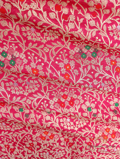 Pink Handwoven Brocade Jaal with Meenakari Pure Silk Fabric