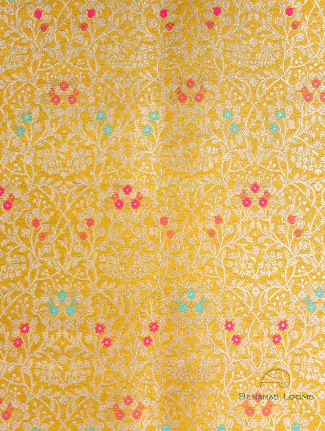 Yellow Handwoven Brocade jaal with Meenakari Pure Silk Fabric