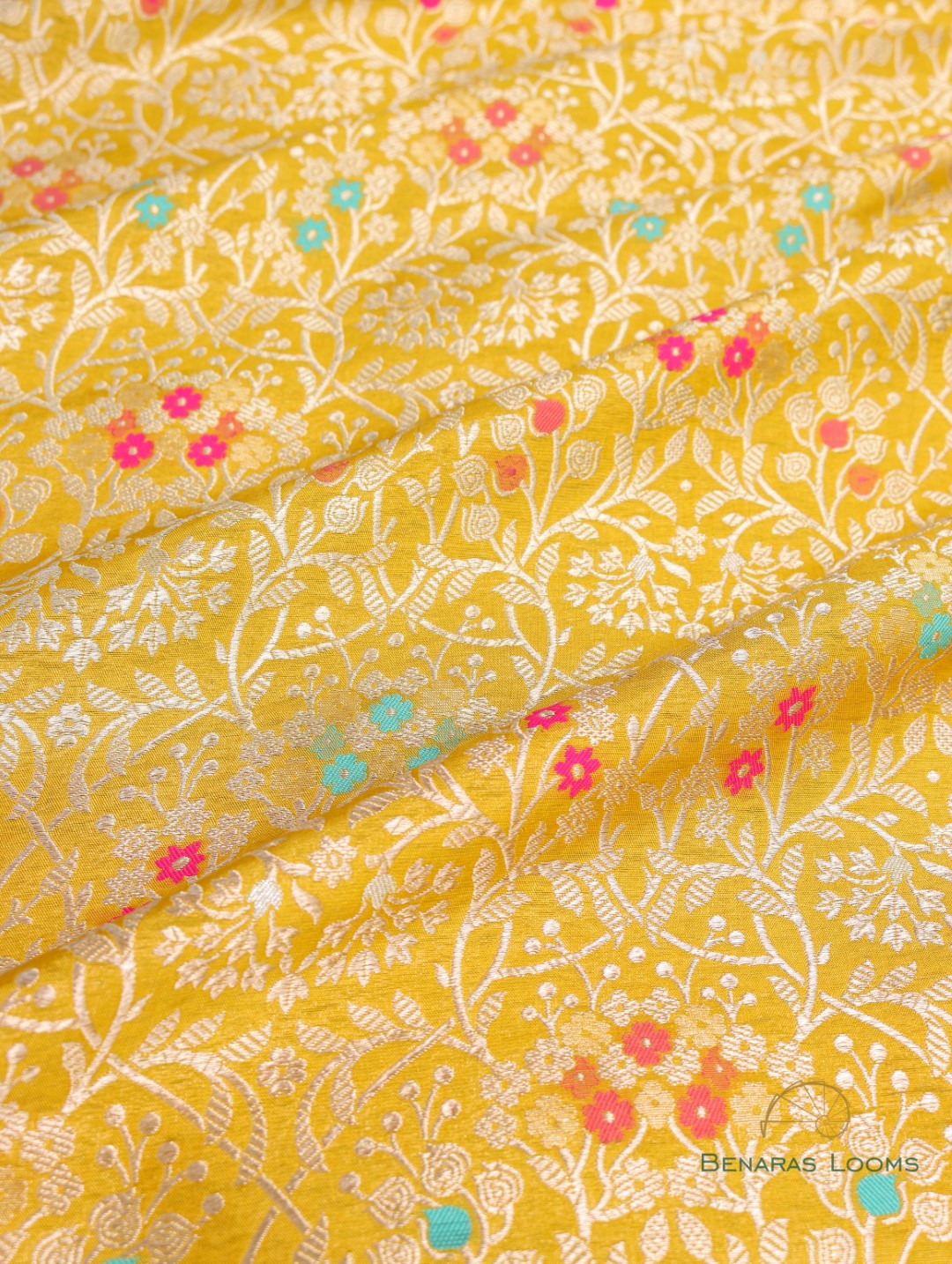 Yellow Handwoven Brocade jaal with Meenakari Pure Silk Fabric
