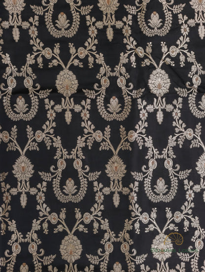 Black Handwoven Brocade Jaal  Pure Silk Fabric
