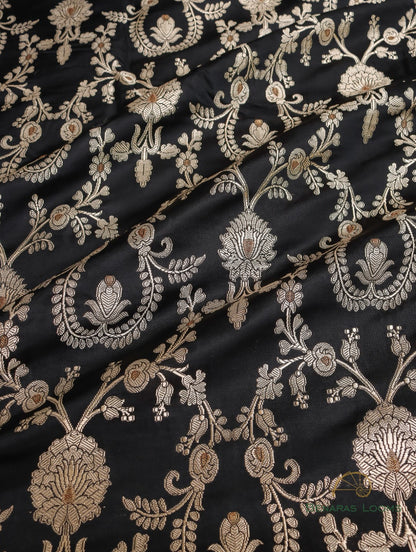 Black Handwoven Brocade Jaal  Pure Silk Fabric