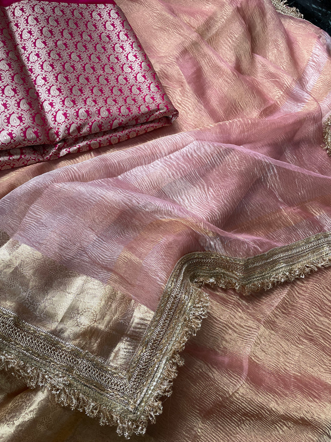 Pink Pure Crush Tissue Silk Banarasi Saree with Embellished Border