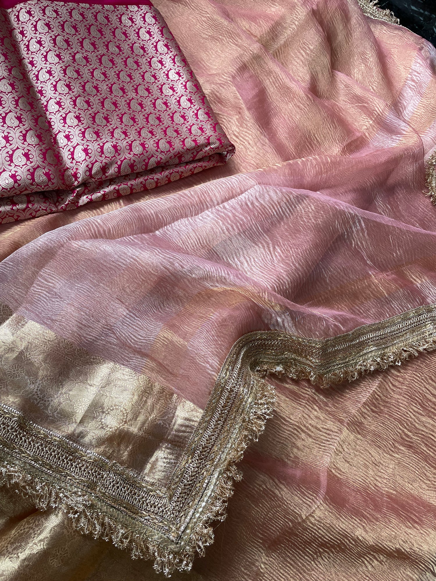 Pink Pure Crush Tissue Silk Banarasi Saree with Embellished Border