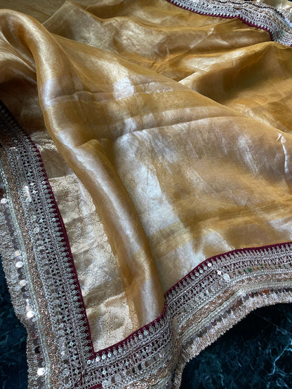 Yellow Gold Pure Tissue Silk Banarasi Saree with Embellished Border