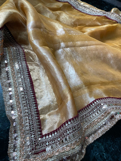 Yellow Gold Pure Tissue Silk Banarasi Saree with Embellished Border