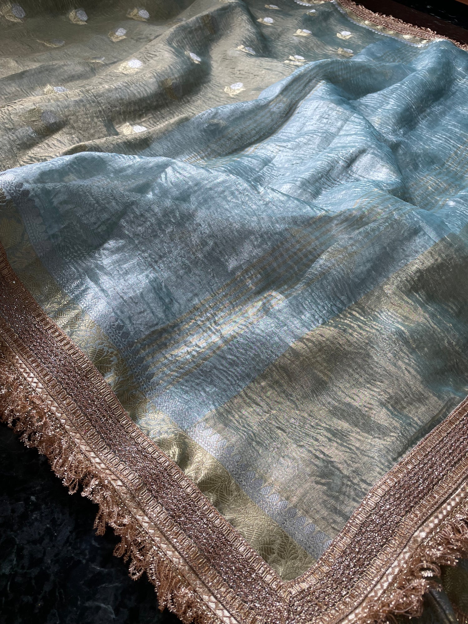 Pista Green Tissue Silk Saree with Embellished Border