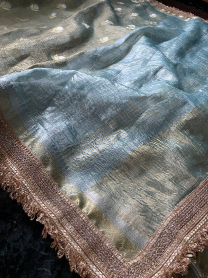 Pista Green Tissue Silk Saree with Embellished Border