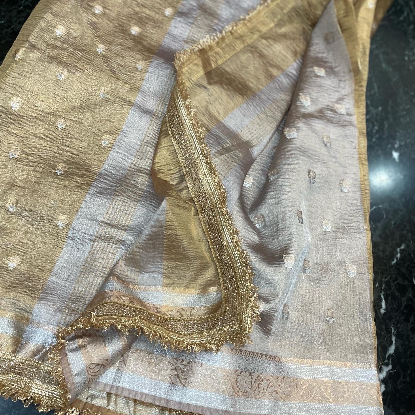 Gold Crush Tissue Banarasi Saree with Embellished Border