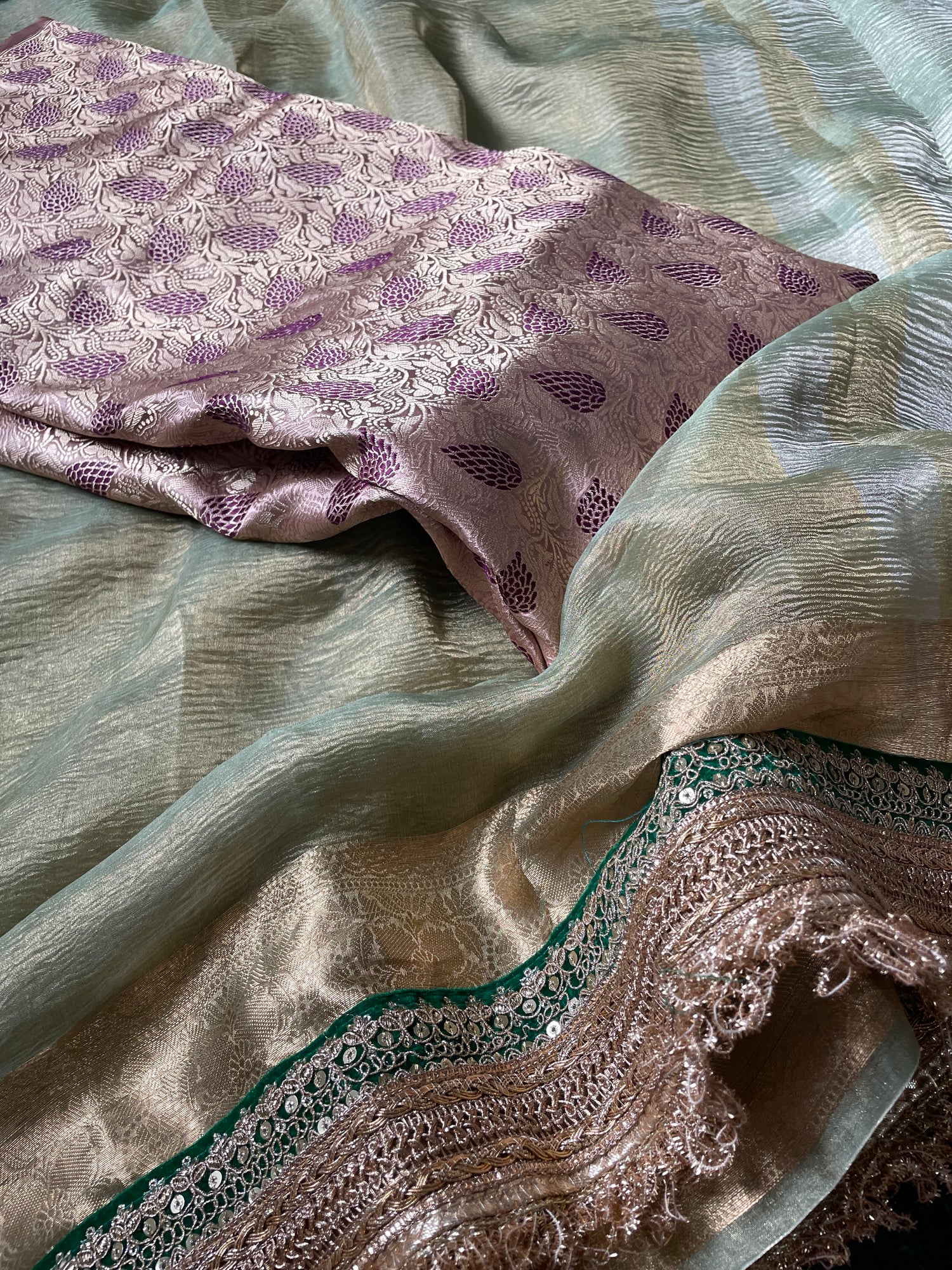 Green Pure Crush Tissue Silk Banarasi Saree with Embellished Border