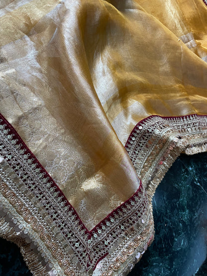 Yellow Gold Pure Tissue Silk Banarasi Saree with Embellished Border