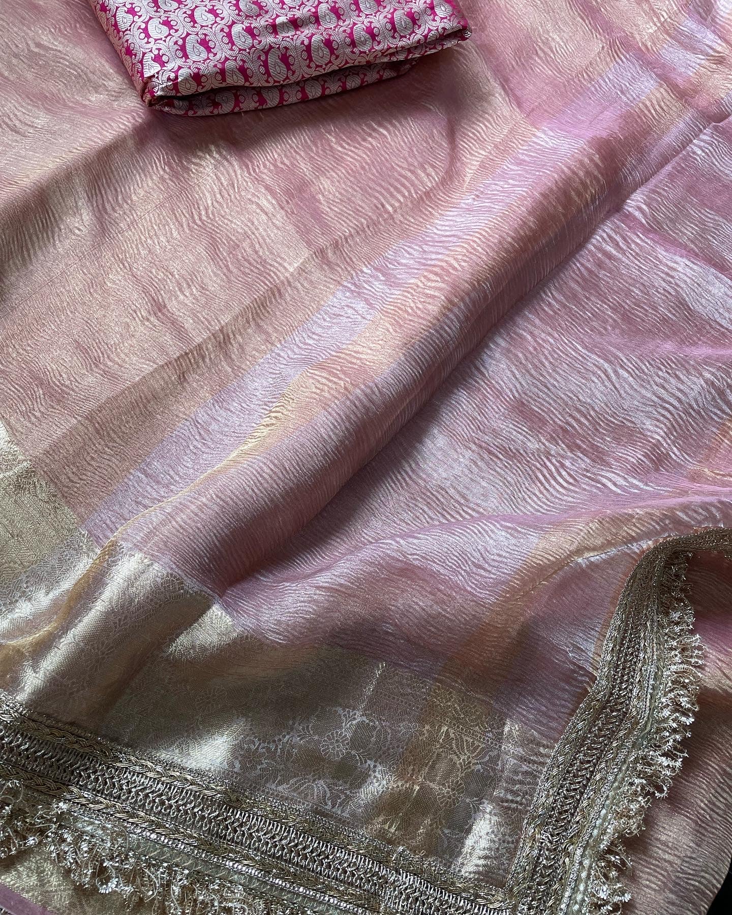 Pink Pure Crush Tissue Silk Banarasi Saree with Embellished Border