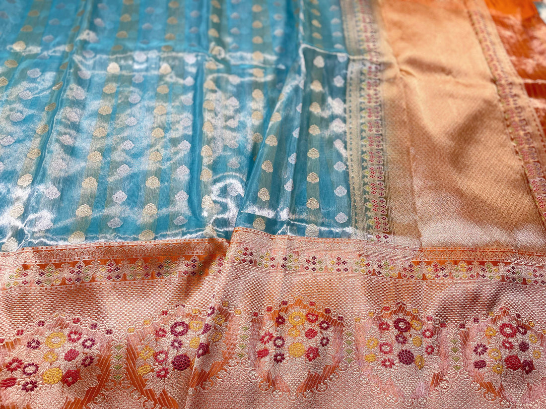 Blue Pure Tissue Kora Saree With Contrast Border with Meenakari