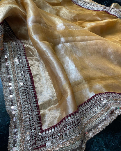 Yellow Gold Pure Tissue Silk Banarasi Saree with Embellished Border