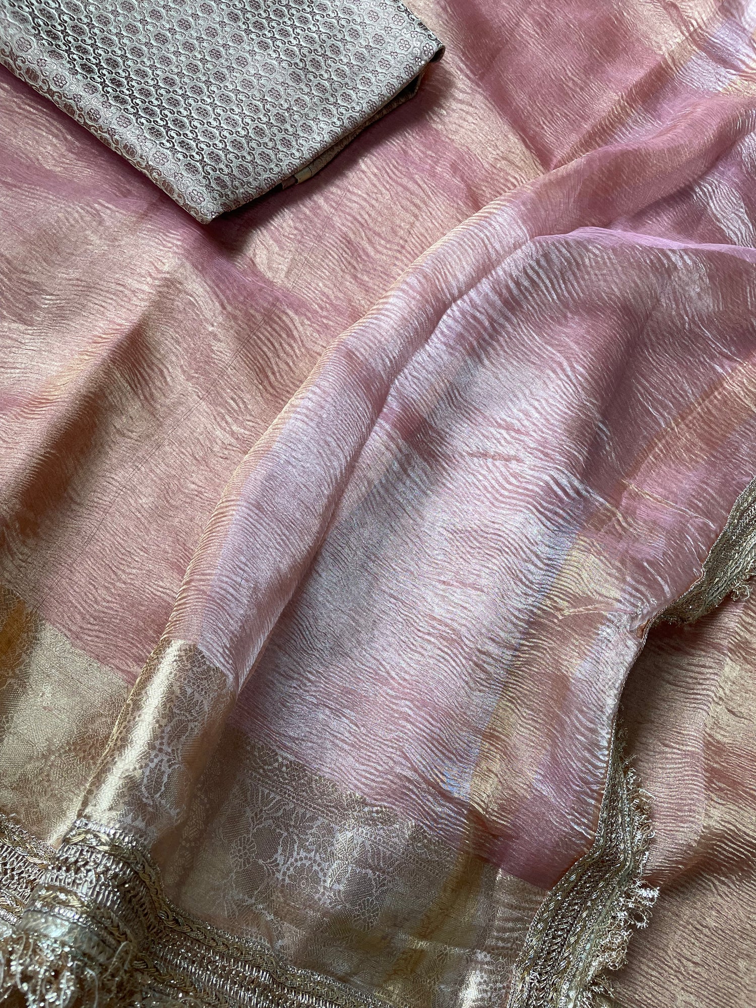 Pink Pure Crush Tissue Silk Banarasi Saree with Embellished Border