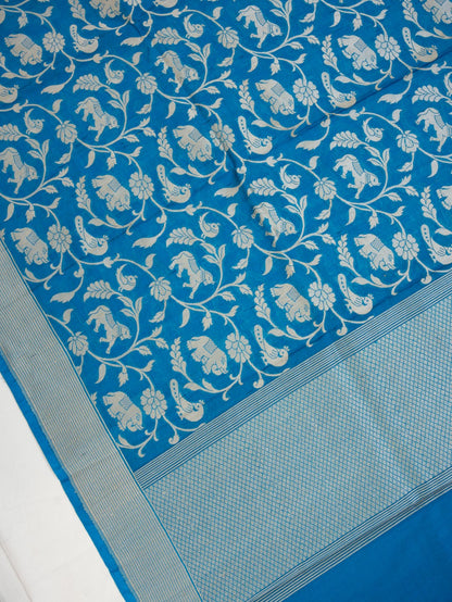 Blue Handwoven Shikargah Pure Silk Banarasi Dupatta