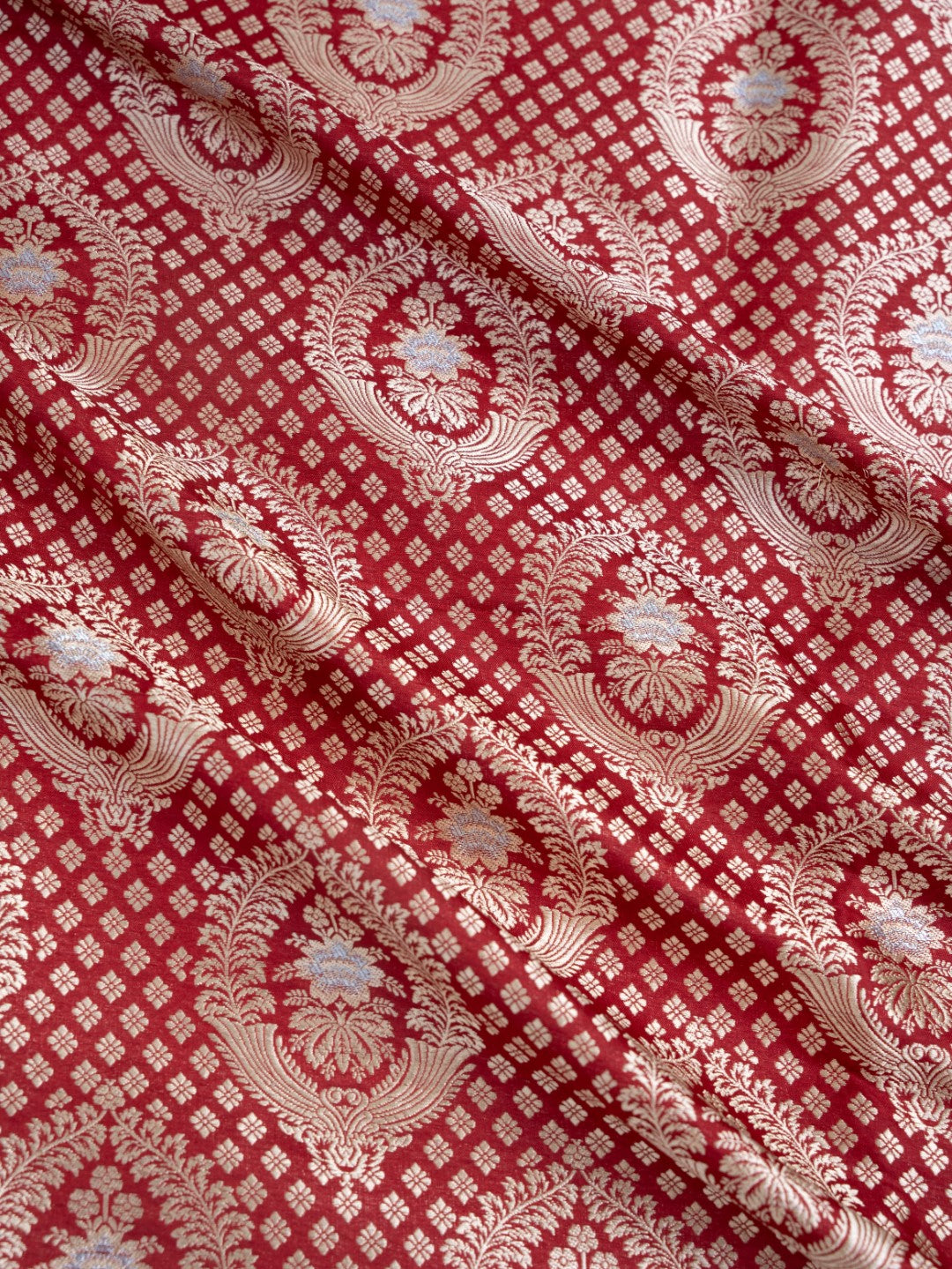Red Handwoven Brocade Jangla Pure Silk Fabric
