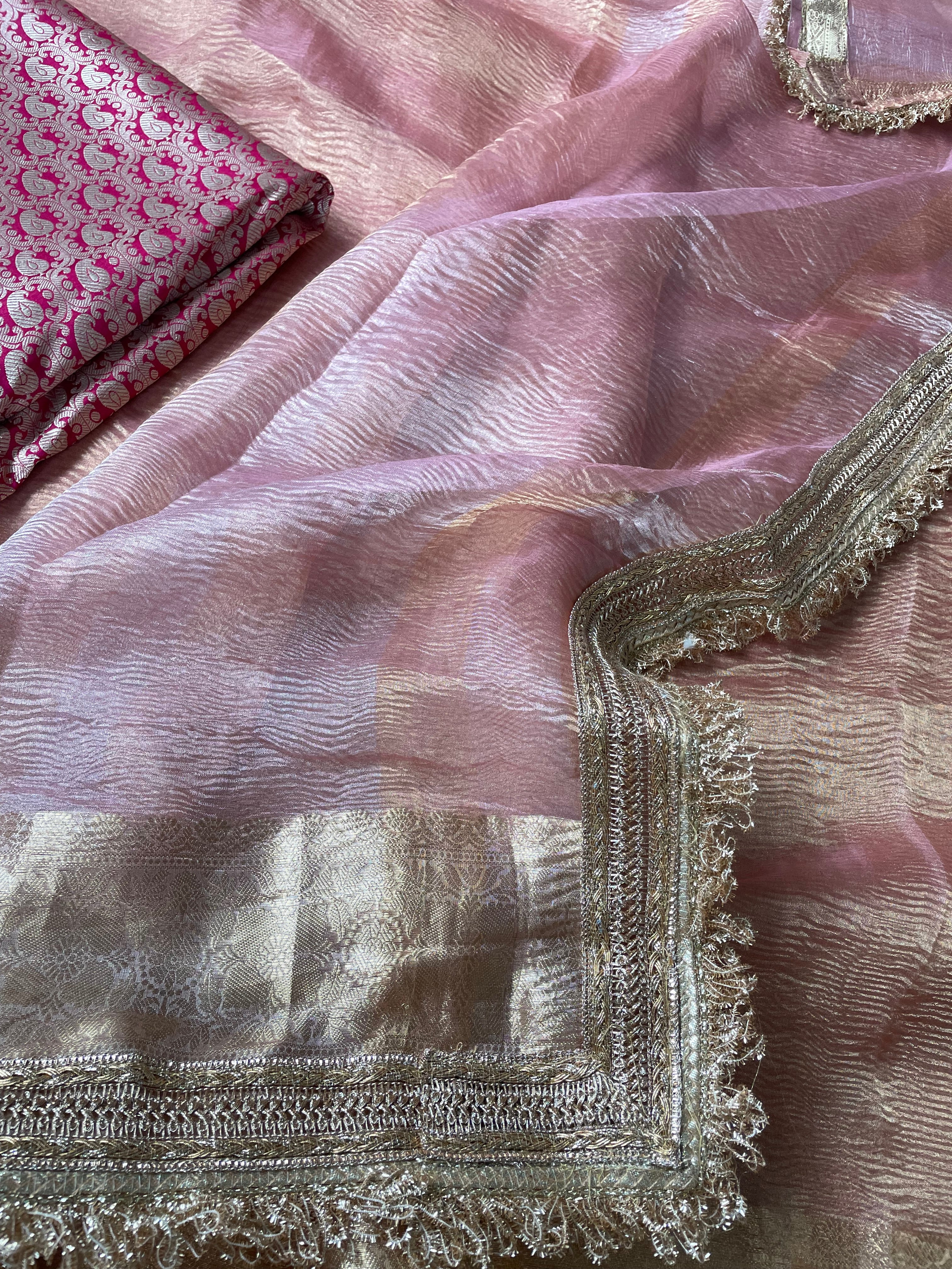 Pink Pure Crush Tissue Silk Banarasi Saree with Embellished Border
