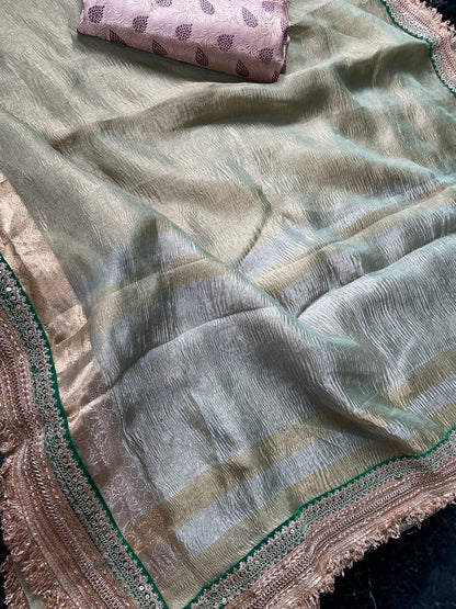 Green Pure Crush Tissue Silk Banarasi Saree with Embellished Border