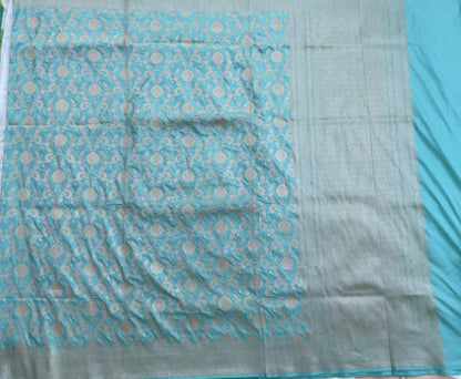 Light Blue Handloom Banarasi Pure Silk Jangla Saree