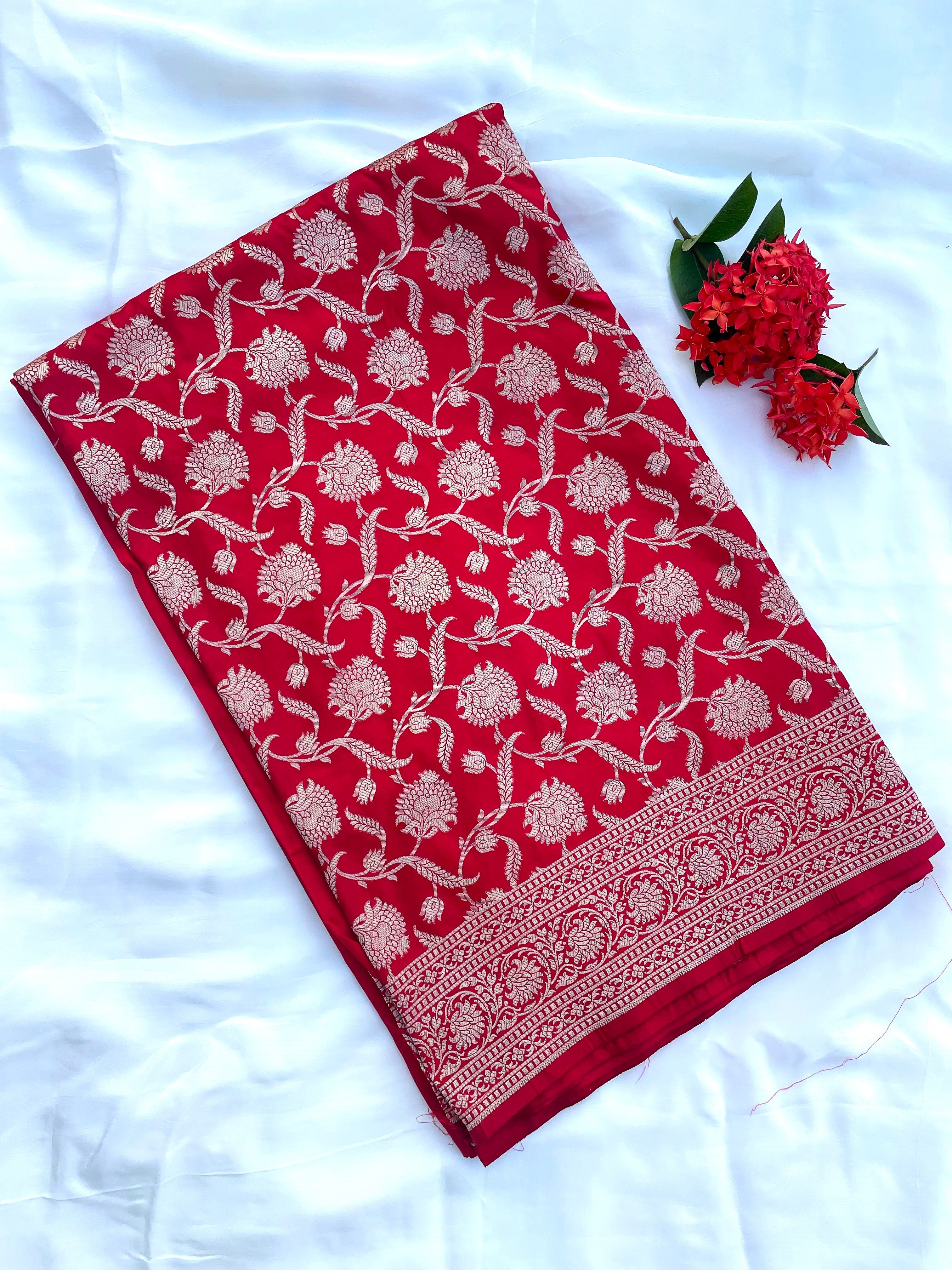 Red Handloom Pure Silk Jangla Saree