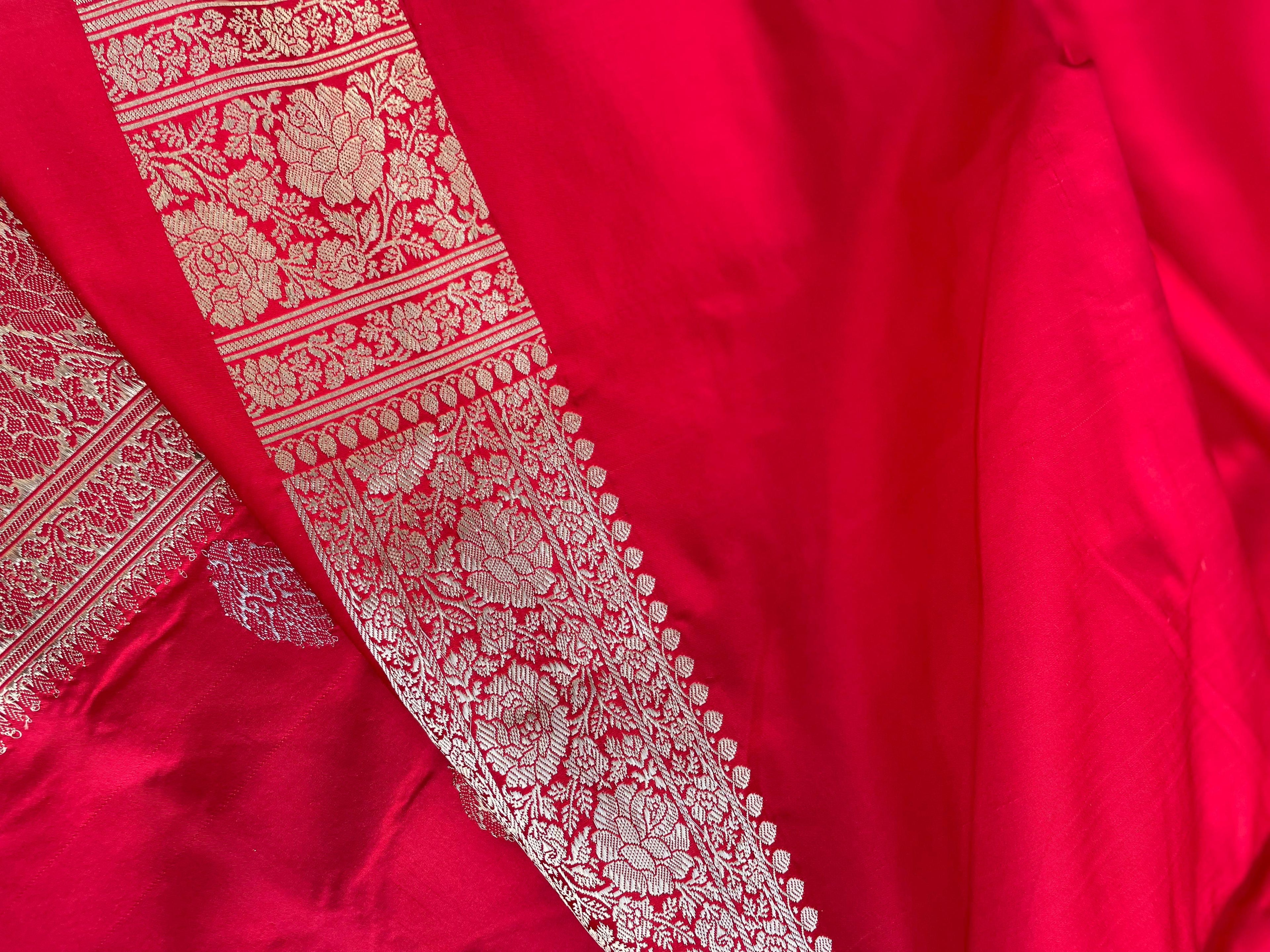 Red Handloom Satin Silk Banarasi Kadhua Silk Saree