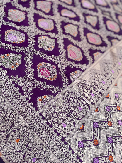 Purple Handloom Banarasi Pure Silk Minakari Jangla Saree