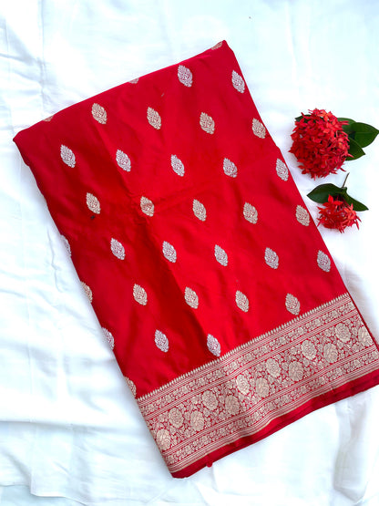 Red Handloom Satin Silk Banarasi Kadhua Silk Saree