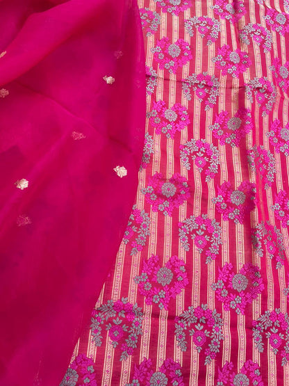 Pink Handwoven Satin Silk Banarasi Suit Fabric