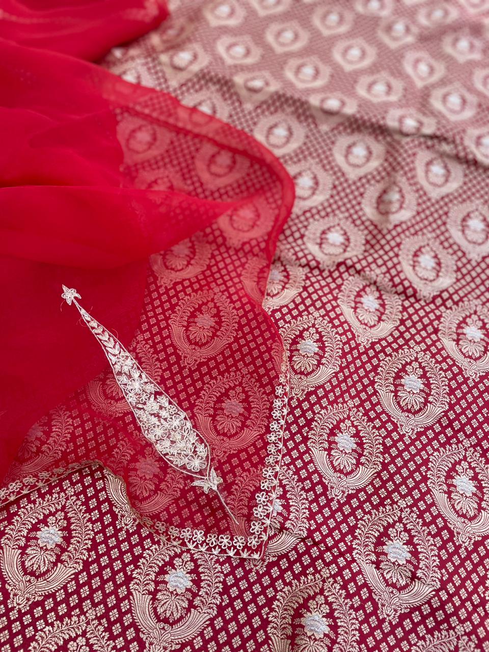 Red Handwoven Silk Banarasi Suit Fabric