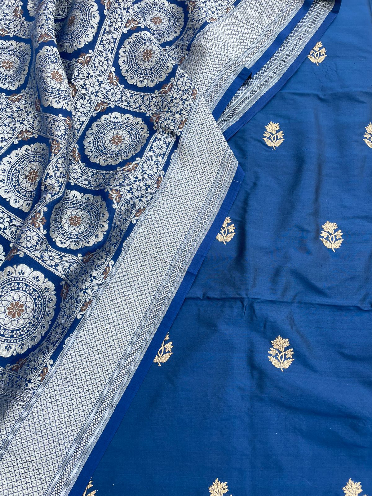 Blue Handwoven Pure Kataan Silk Banarasi Suit Fabric
