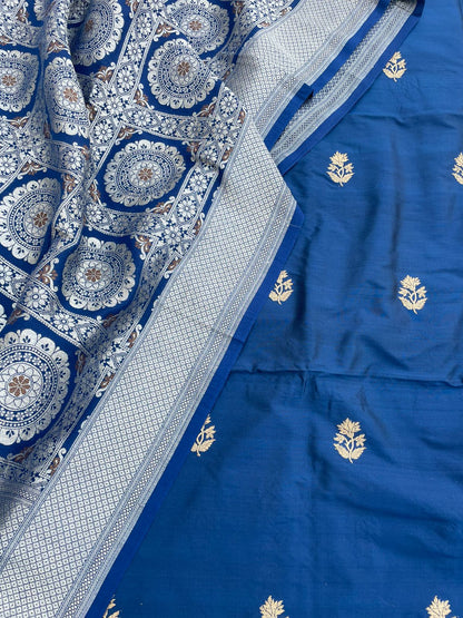 Blue Handwoven Pure Kataan Silk Banarasi Suit Fabric