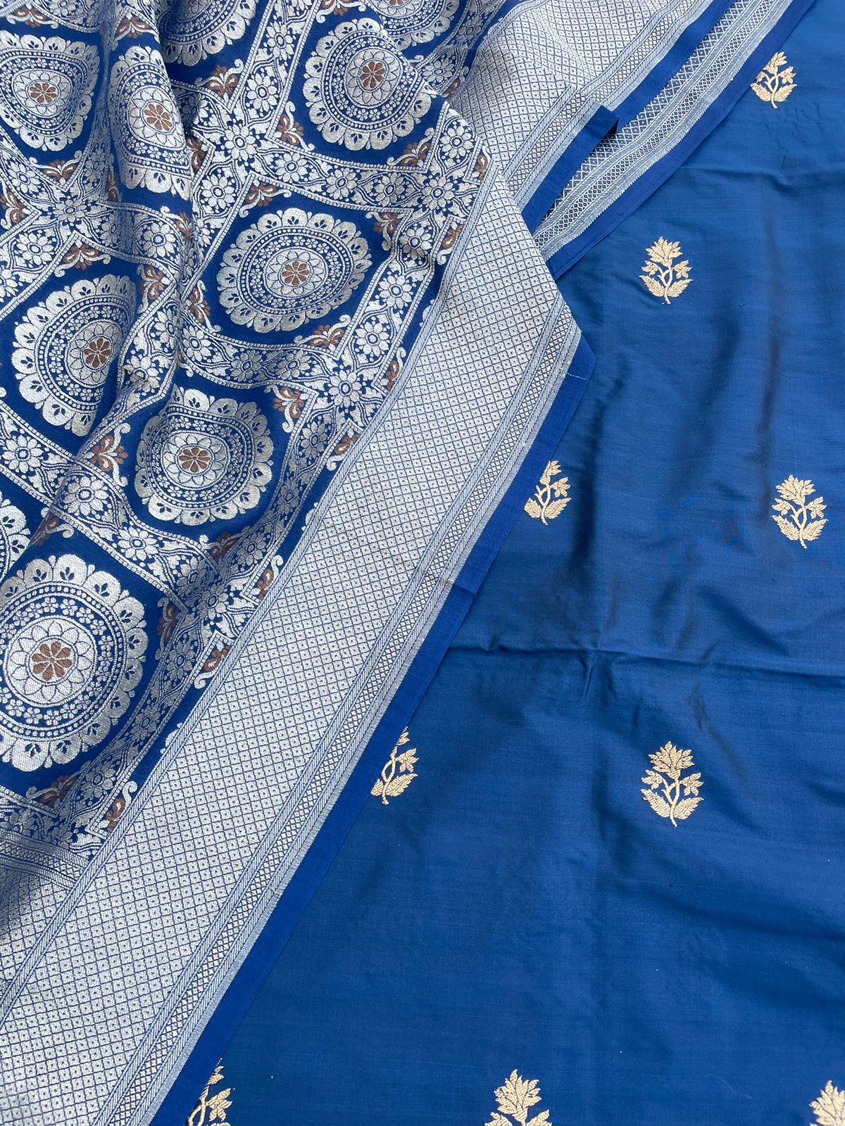 Blue Handwoven Pure Kataan Silk Banarasi Suit Fabric