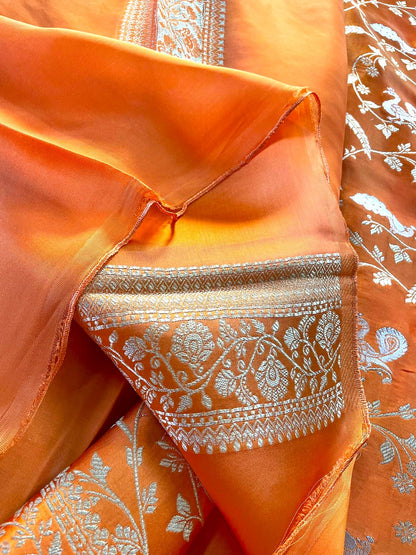 Orange Satin Jaal Shikargah Banarasi Saree