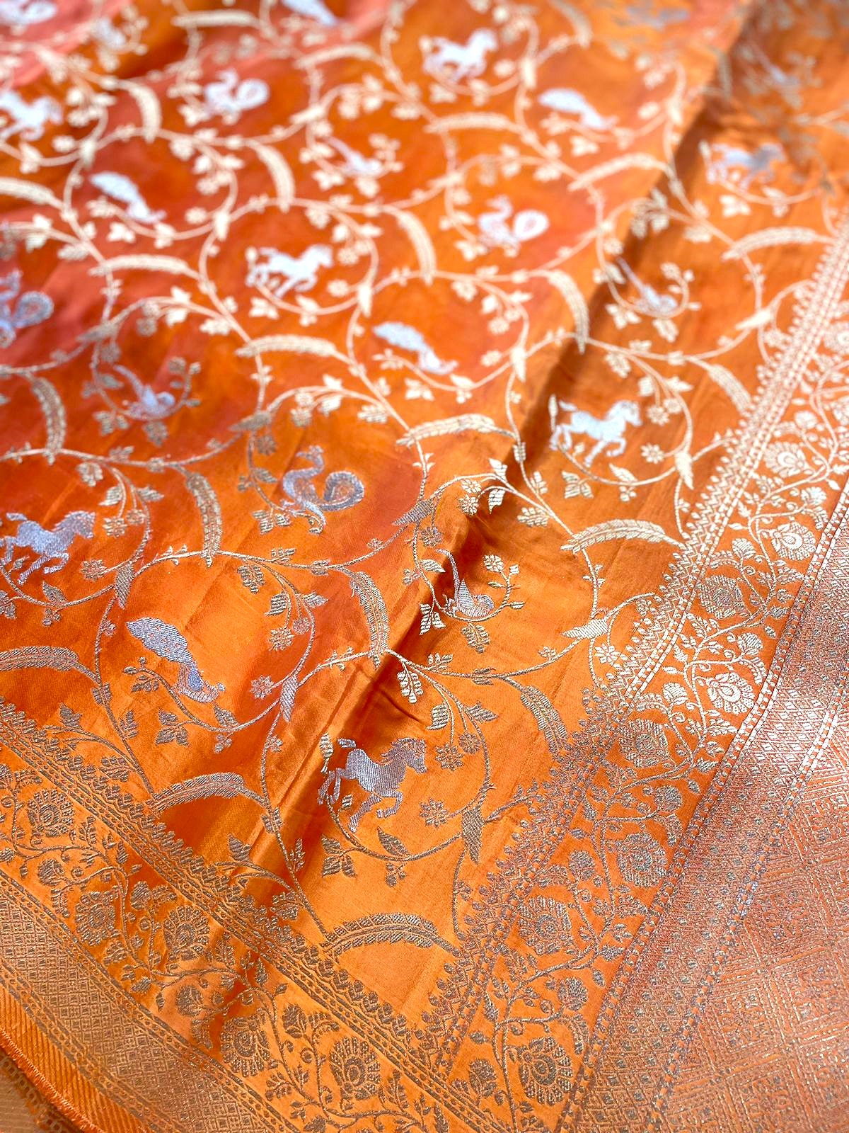 Orange Satin Jaal Shikargah Banarasi Saree