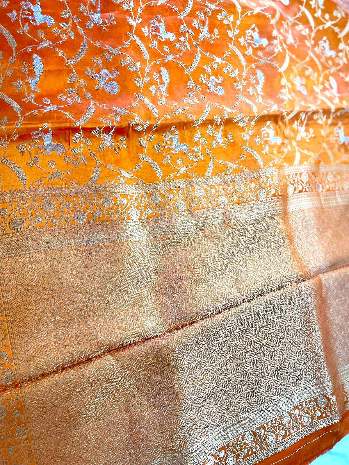 Orange Satin Jaal Shikargah Banarasi Saree