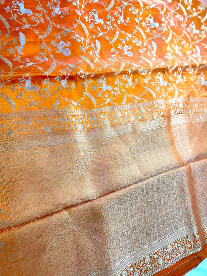 Orange Satin Jaal Shikargah Banarasi Saree