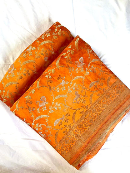 Orange Satin Jaal Shikargah Banarasi Saree