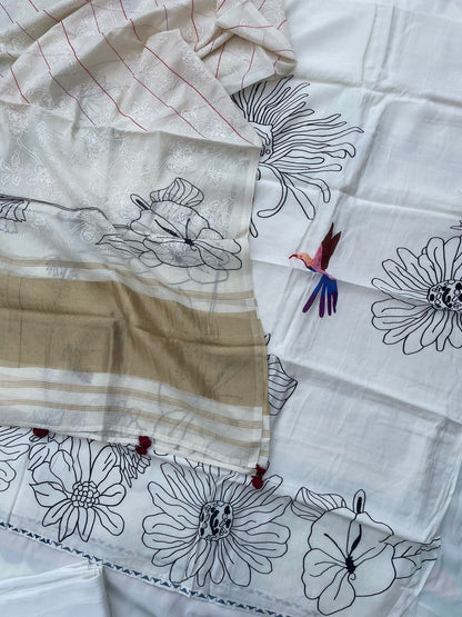 White Digital Printed Chanderi Cotton Banarasi Suit Fabric