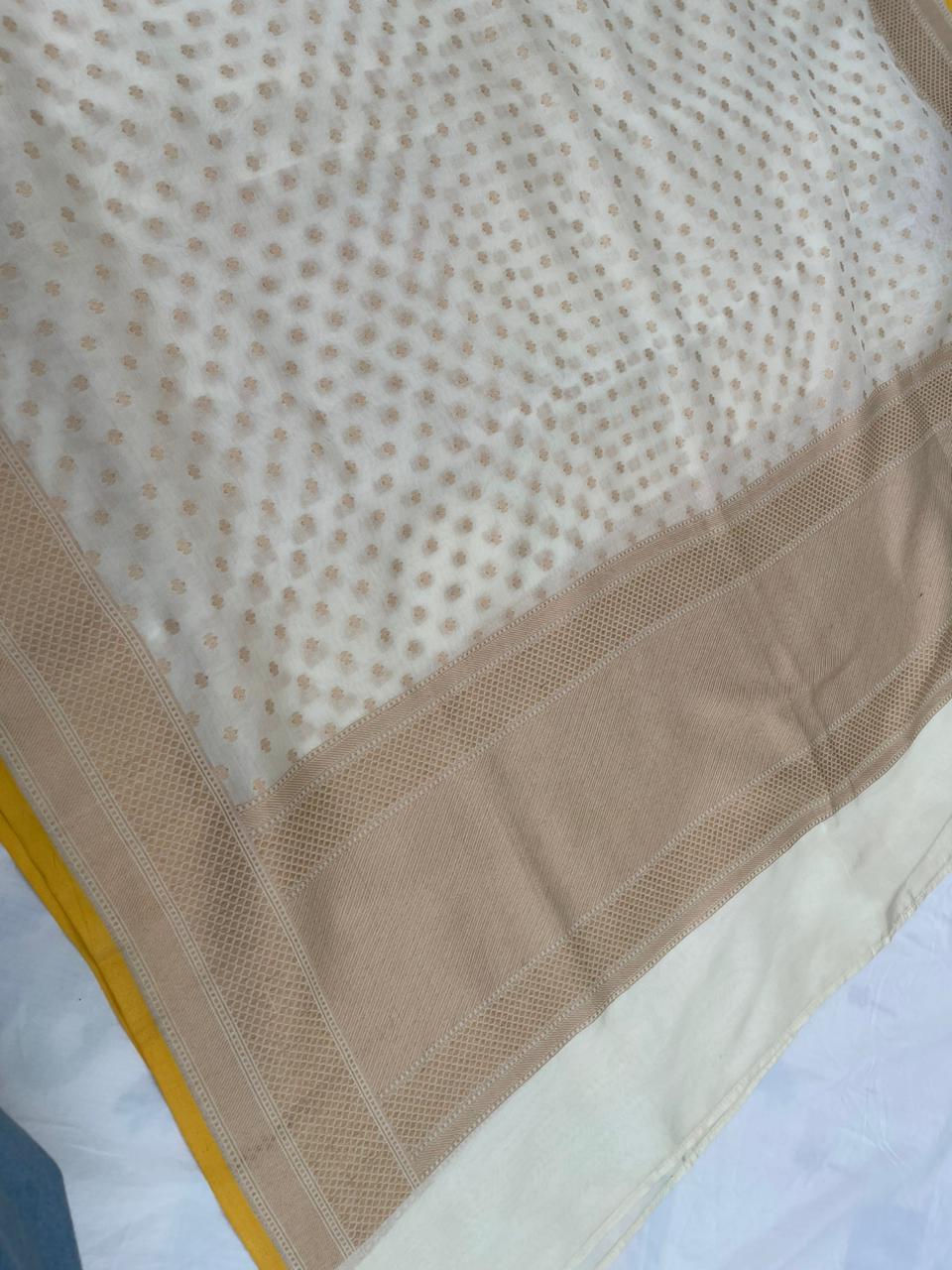 handwoven andtique zari allover buti white dupatta with a yellow selvage